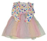 Bílo-barevné šaty s motýlky a tylovou sukní 