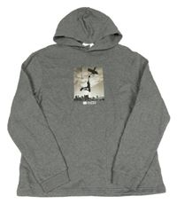 Šedá melírovaná mikina s potiskem a kapucí H&M