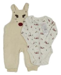Nové - 2 set - bílé body s vánočními obrázky + smetanové huňaté laclové tepláky se sobem F&F