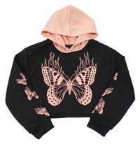 Černo-růžová crop mikina s motýlkem a kapucí 