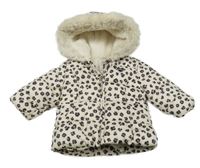 Smetanovo-černo-starorůžová šusťáková zimní bunda s leopardím vzorem a kožešinou F&F