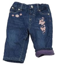 Tmavomodré zateplené rifle s květy 