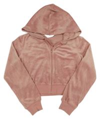 Růžová plyšová propínací crop mikina s kapucí H&M