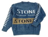 Modro-béžovo-bílý chlupatý svetr s nápisy 