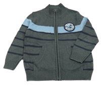 Šedo-tmavomodrý pruhovaný propínací svetr s nášivkou Tom Tailor