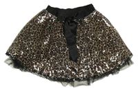 Černo-béžovo-hnědá sukně s flitry a leopardím vzorem a mašlí 