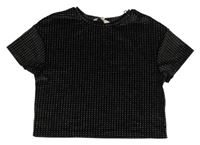 Černo-stříbrné sametové puntíkaté crop tričko Peacocks