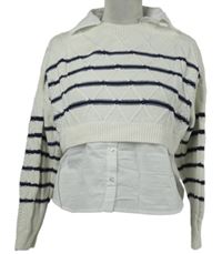 Dámský bílo-tmavomodrý pruhovaný svetr s halenkovou vsadkou Primark 