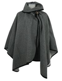 Dámské šedé flaušové kabátové pončo se sponou