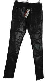 Nové - Dámské černé potažené vzorované kalhoty 