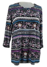 Dámské černo-barevné kytičkované triko s kamínky C&A