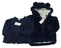 Nové - 2set- tmavomodrá kožešinová podšitá bunda s kapucí+ propínací svetr Bluezoo