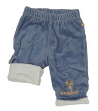 Modré sametové podšité kalhoty s myškou a nápisem 