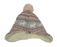 Šedo-růžová vzorovaná čepice s jednorožci a bambulí 