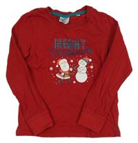 Červené pyžamové vánoční triko se Santou a sněhuláčkem a nápisy L&D