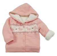 Světlerůžový propínací zateplený svetr se zajíčky a kapucí Nutmeg