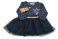 Nové - Tmavomodré vzorované šaty s tylovou sukní Dirkje