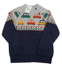 Nové - Šedo-tmavomodrý svetr s auty Next