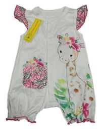 Nové - Bílý kraťasovový overal s žirafou a květy 