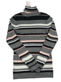 Nové - Černo-šedo-růžový pruhovaný žebrovaný svetr s rolákem Primark 
