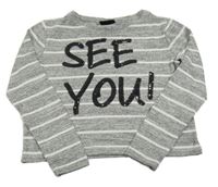 Šedo-bílé pruhované úpletové crop triko s nápisem z flitrů Page Young 