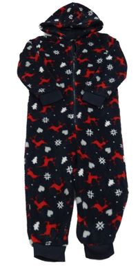 Tmavomodrá chlupatá kombinéza se soby a kapucí Distra 