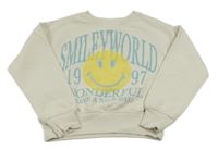 Smetanová crop mikina se smajlíkem a nápisy Smiley World 