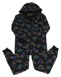 Černá tepláková kombinéza s dinosaury a kapucí