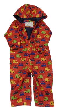 Červená šusťáková jarní kombinéza s auty a kapucí Mothercare