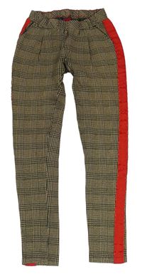 Béžovo-černé kostkované vzorované teplákové kalhoty s červeným pruhem S. Oliver
