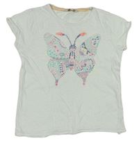 Bílé melírované tričko s motýlkem s korálky REVIEW