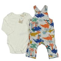 2Set - Světlešedé melírované laclové tepláky s dinosaury a palmami+ smetanové body M