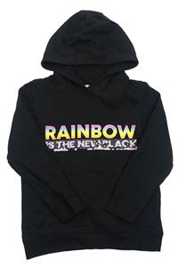 Černá mikina s nápisy - Rainbow a flitry a kapsou a kapucí Bluezoo