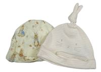 2x - Čepice - Smetanová s králíčky - Peter Rabbit morrisons, světlerůžovo/bílá pruhovaná s čumáčkem Mothercare