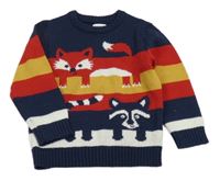 Tmavomodro-červeno-okrovo-bílý svetr s liškou a mývalem F&F