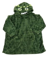 Tmavozelená plyšová oversize dlouhá mikina s kapsou a kapucí - dinosaurus Nutmeg
