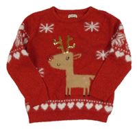 Červený melírovaný svetr se sobem s flitry a vločkami a srdíčky a třpytkami F&F