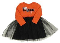 Červeno-černé bavlněno/tylové šaty s lebkou a nápisem s flitry Tu