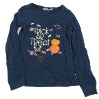 Tmavomodré pyžamové triko s nápisy a dýněmi a kočičkami alive