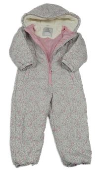 Smetanová kytičkovaná prošívaná šusťáková zimní kombinéza s kapucí George