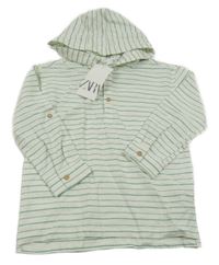 Nové - bílo-zelená pruhovaná lněná polokošile s kapucí ZARA