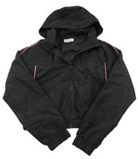 Černá šusťáková jarní crop bunda s růžovými pruhy a odepínací kapucí H&M