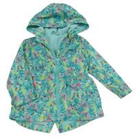 Světletyrkysová šusťáková jarní parka s kytičkami a větvičkami a kapucí St. Bernard