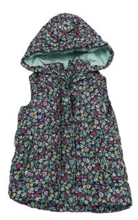 Tmavomodrá kytičkovaná prošívaná šusťáková zateplená vesta s kapucí Topolino