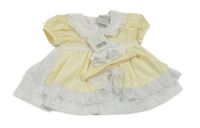 Nové - 2Set - Světležluto-bílé šaty s mašlí a krajkovými volánky a límečkem + čelenka NURSERY TIME