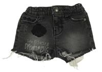 Tmavošedé riflové kraťasy s růží a nápisy KIABI