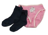 2Set - Růžové kalhotky s kočičkou + tmavomodré žebrované ponožky s mašlí 