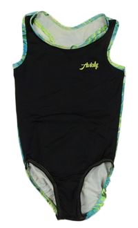 Černo-bílo-zeleno-modré jednodílné plavky s nápisem a lístečky