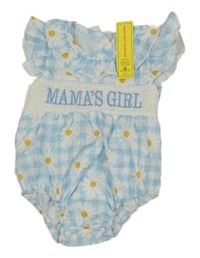 Nové - modro-bílý kostkovaný kraťasový overal s kopretinami a nápisem a volánky 