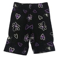 Černé skvrnité elastické kraťasy se srdíčky a květy Primark